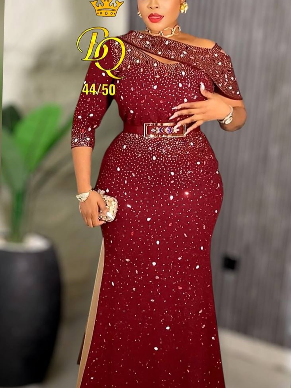 Trina Turk Burgundy One-Shoulder Embellished Evening Gown